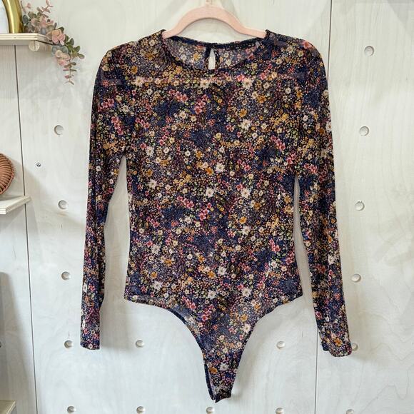 DRESS FORUM Navy Ditsy Floral Bodysuit Size L Sheer Mesh Tulle Long Sleeve Snaps - Picture 1 of 9